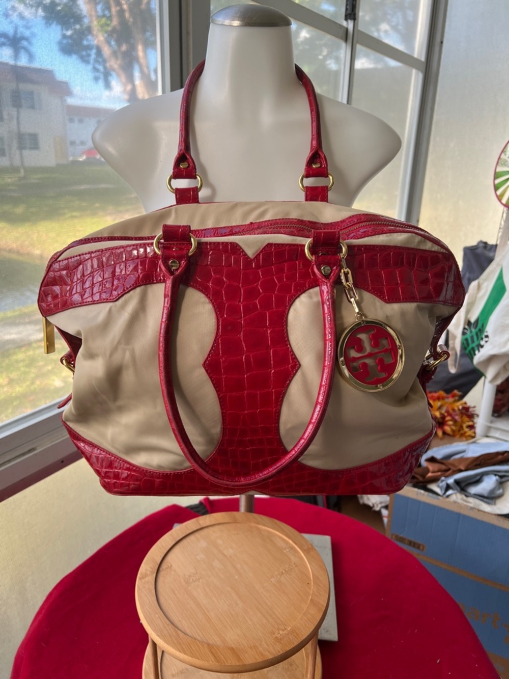 Tory Burch Red and Cream Leather Tote with Logo Charm